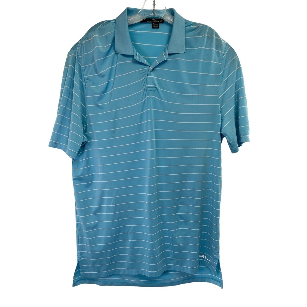RLX Ralph Lauren Mens Sz Large Blue/White Striped Golf Polo Shirt (B34) EUC